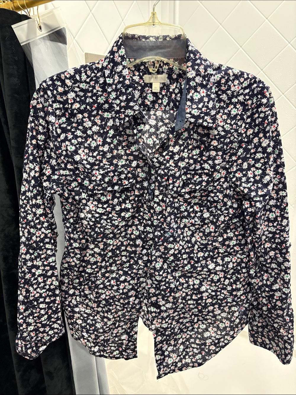 Talbots Navy Floral Button-Up Shirt with Pink & White Daisies